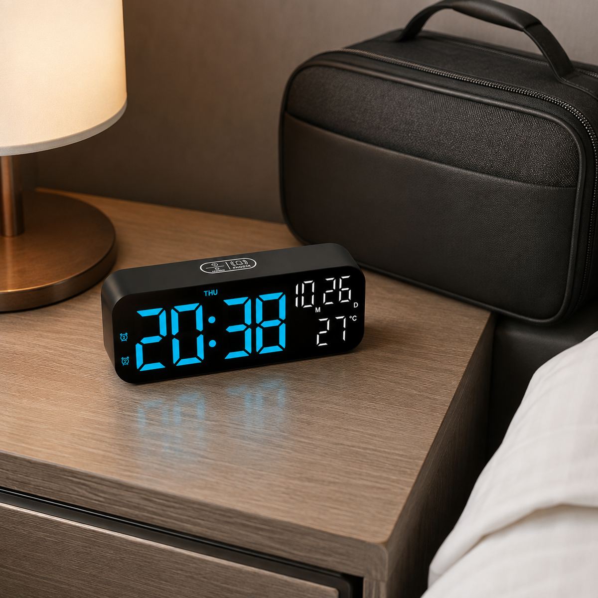 Digital LED Alarm Clock with Temperature Display & Voice Control for Bedroom, Nightstand Desktop Clock with Date, Night Mode Dimmer & Dual | Thomler