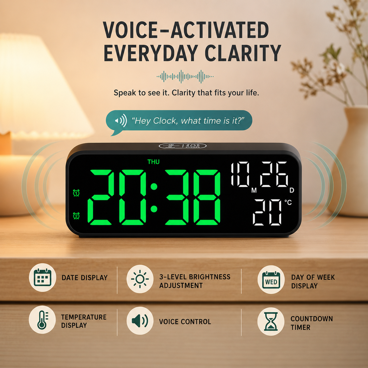Digital LED Alarm Clock with Temperature Display & Voice Control for Bedroom, Nightstand Desktop Clock with Date, Night Mode Dimmer & Dual | Thomler