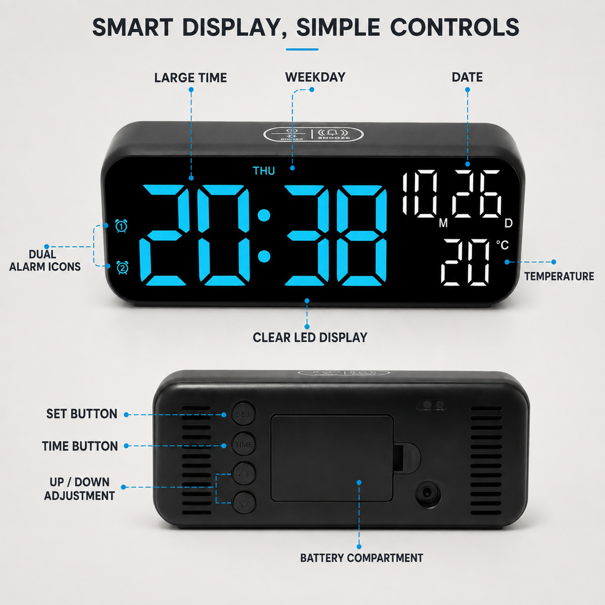 Digital LED Alarm Clock with Temperature Display & Voice Control for Bedroom, Nightstand Desktop Clock with Date, Night Mode Dimmer & Dual | Thomler