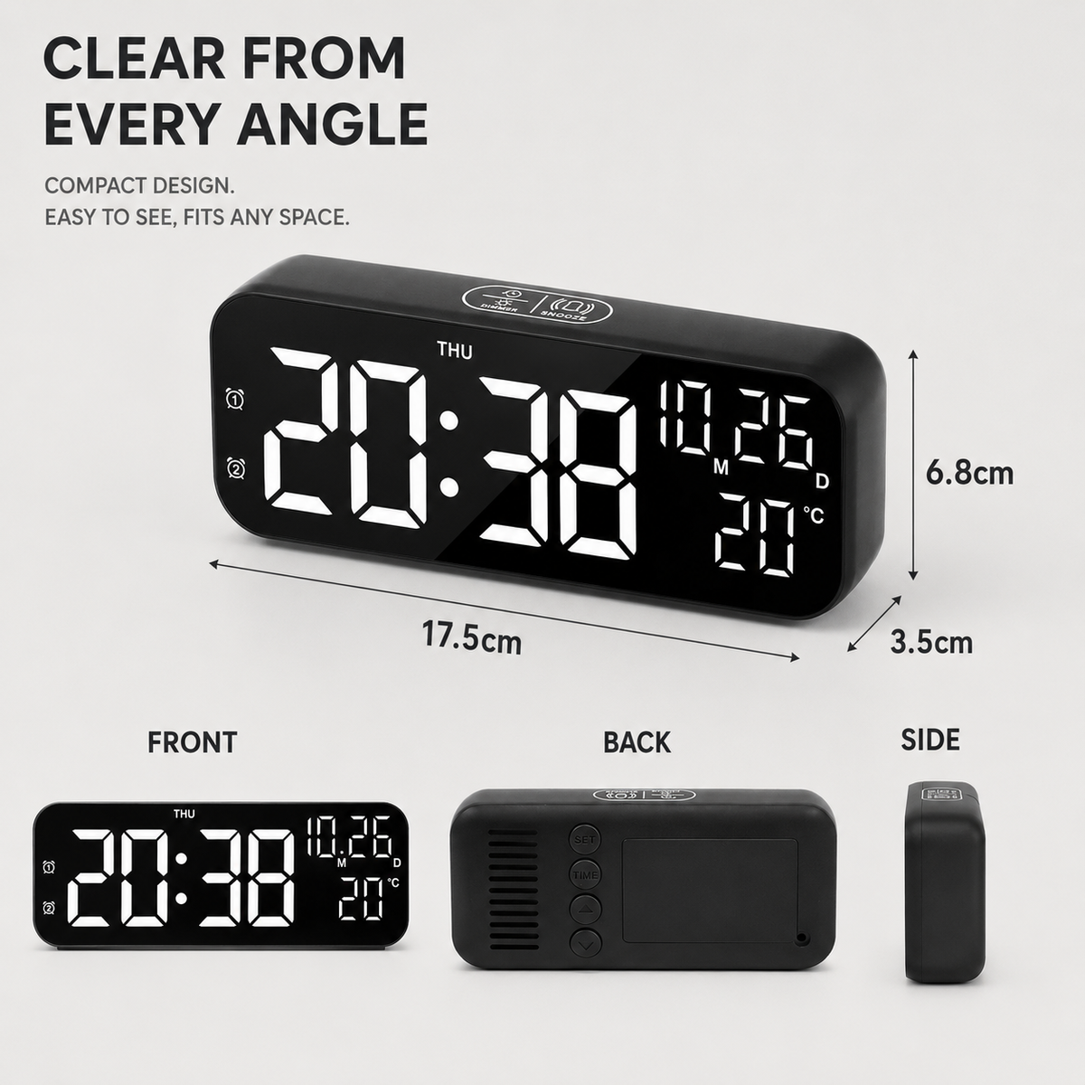 Digital LED Alarm Clock with Temperature Display & Voice Control for Bedroom, Nightstand Desktop Clock with Date, Night Mode Dimmer & Dual | Thomler