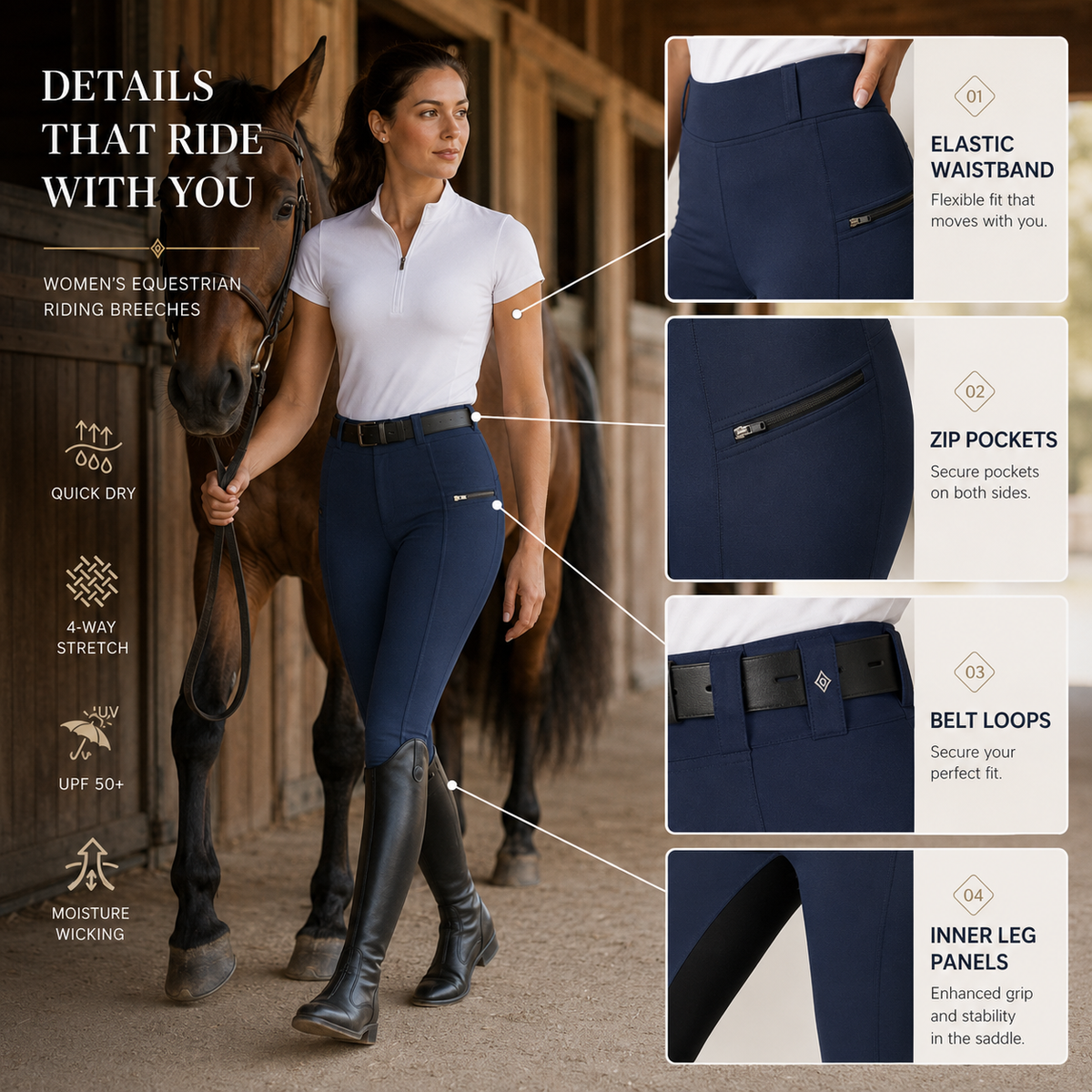 Women's Stretch Equestrian Riding Pants with Contrast Panels & Zip Pockets for Horse Riding | Thomler