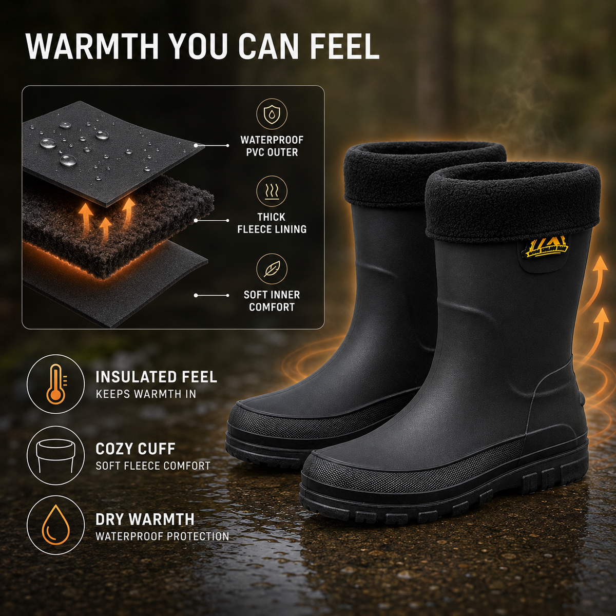 Waterproof Insulated Mid-Calf Winter Rain Boots for Men – Non-Slip Faux Fur Lined Outdoor Work Boot | Thomler