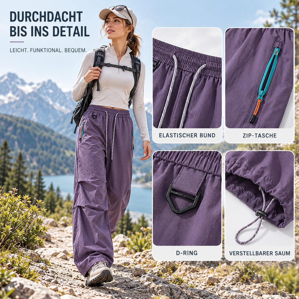 Women's Water-Resistant Wide-Leg Hiking Pants with Adjustable Waist & Cuffs for Outdoor Adventures | Thomler