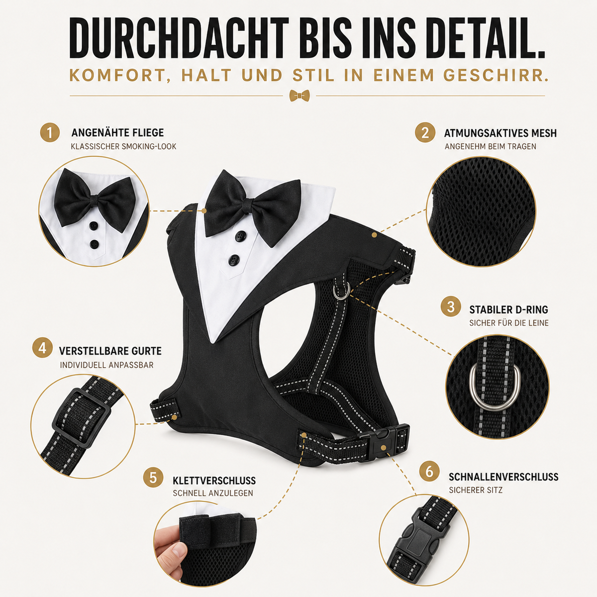Dog Tuxedo Harness with Bow Tie for Weddings & Parties – Adjustable Vest Harness Small to Large Breeds – Formal Pet Outfit Costume | Thomler