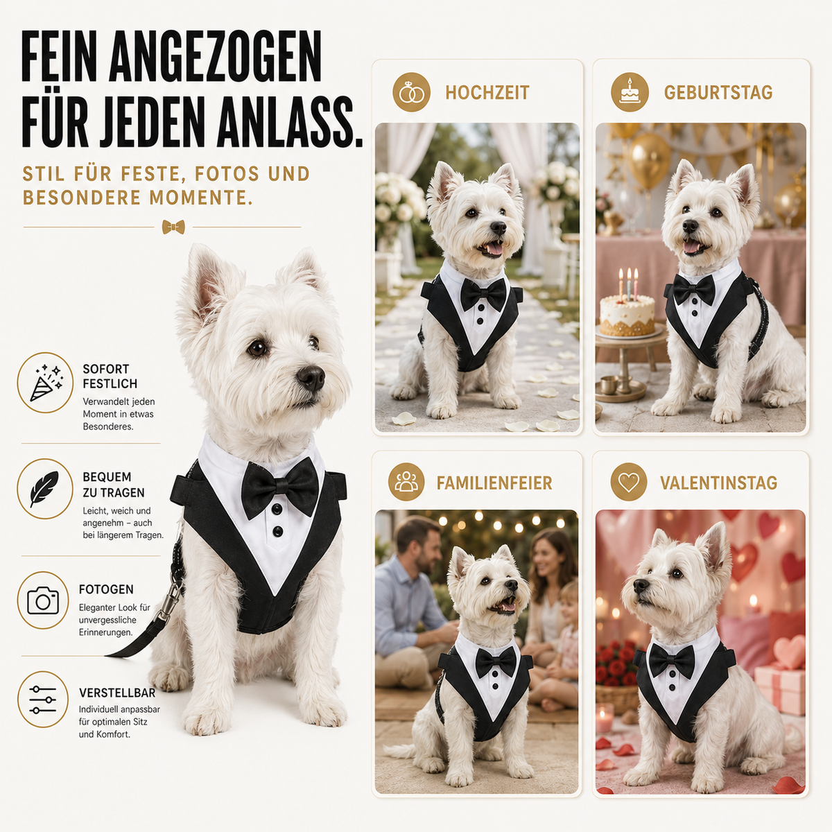 Dog Tuxedo Harness with Bow Tie for Weddings & Parties – Adjustable Vest Harness Small to Large Breeds – Formal Pet Outfit Costume | Thomler