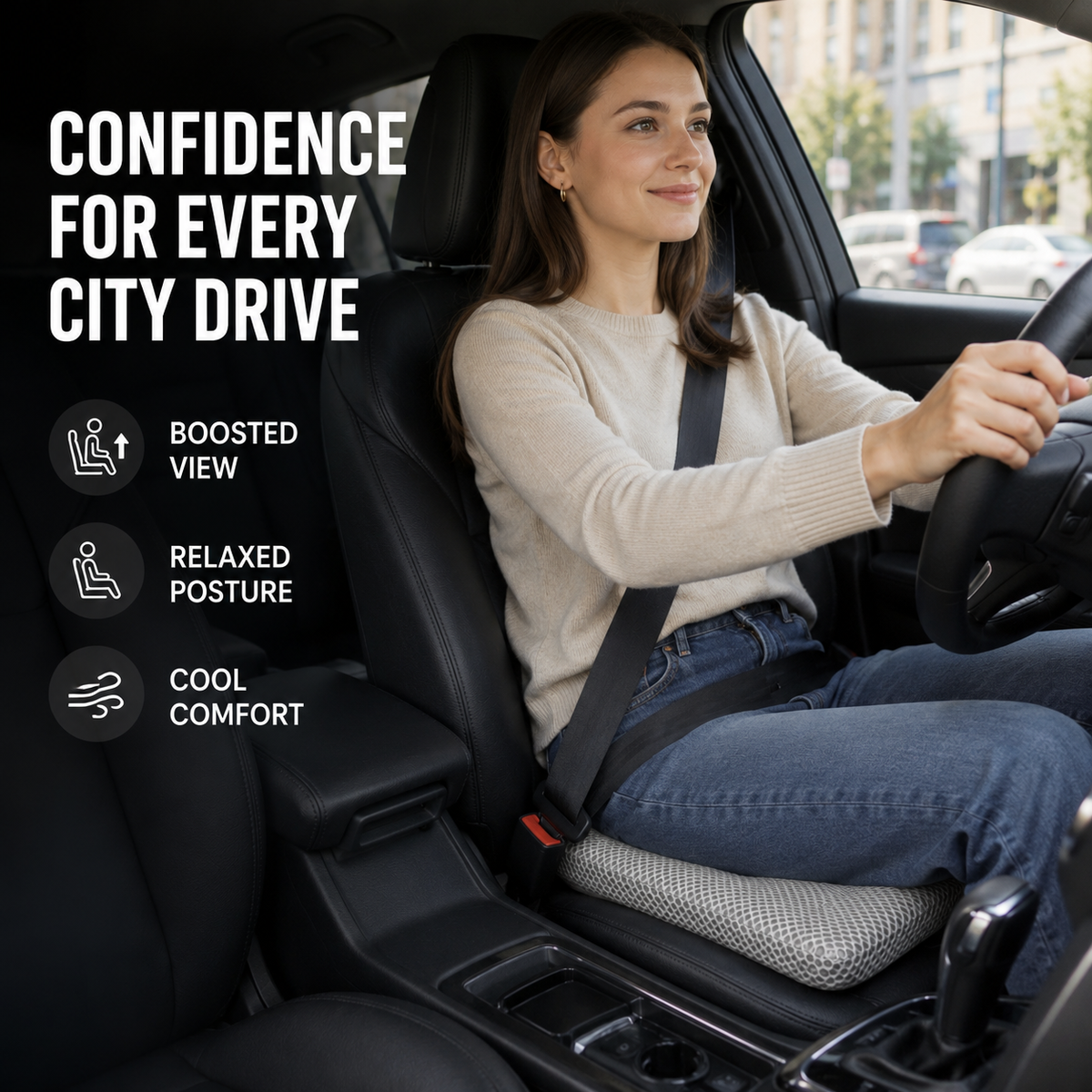 Elevated Car Seat Cushion with Airflow Honeycomb Design for Driver Comfort & Posture Support | Thomler