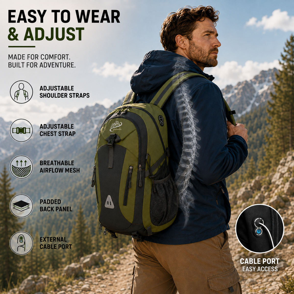 40L Outdoor Backpack with Padded Mesh Panels & Adjustable Straps for Hiking and Travel | Thomler