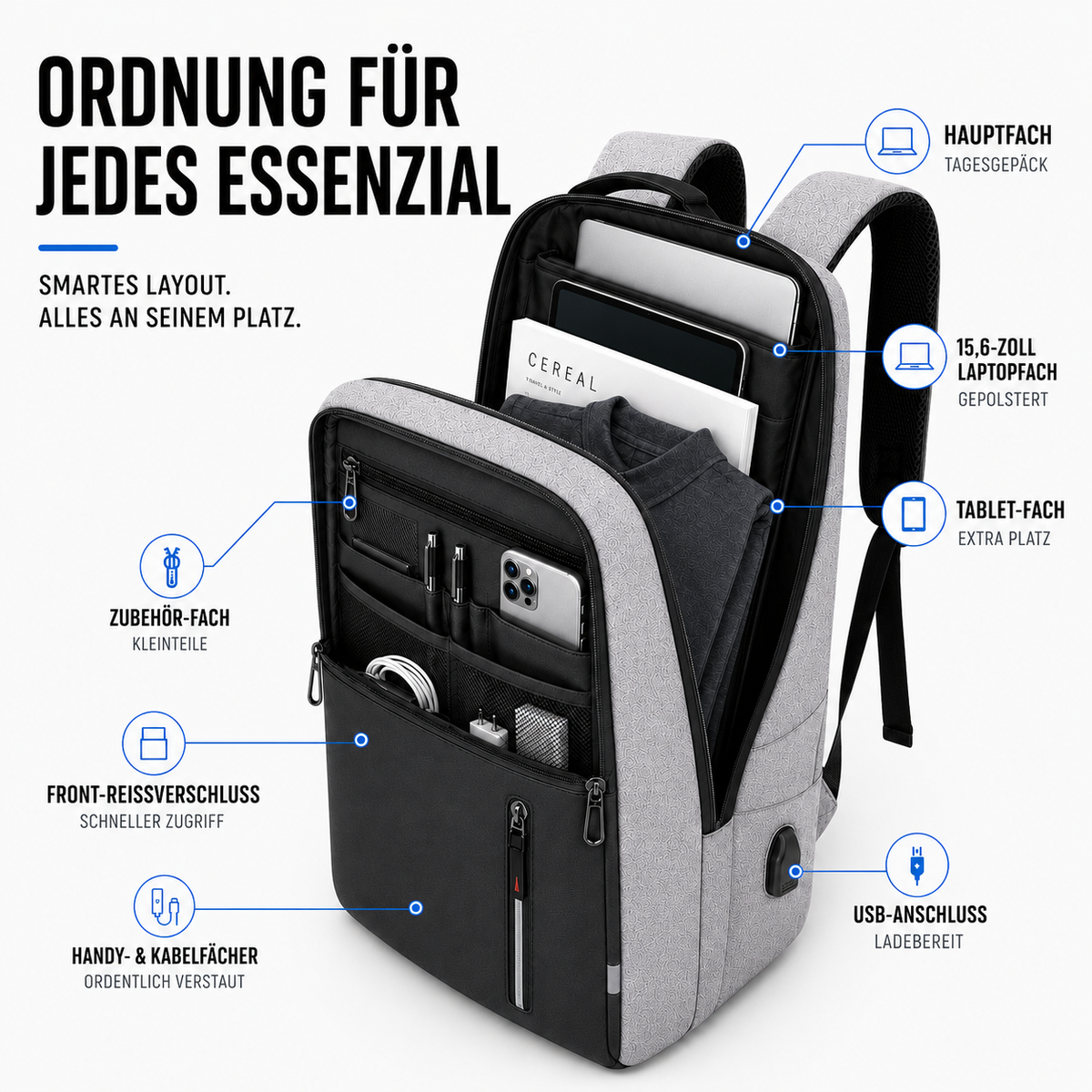 Water-Resistant Laptop Backpack with USB Charging Port for Work & Travel | Business Commuter Daypack with Padded 15.6-Inch Computer Sleeve | Thomler