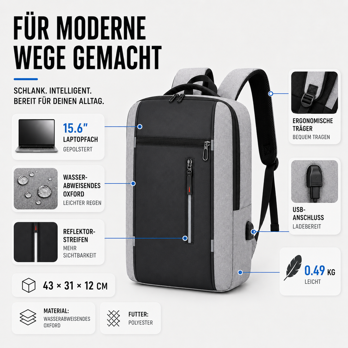 Water-Resistant Laptop Backpack with USB Charging Port for Work & Travel | Business Commuter Daypack with Padded 15.6-Inch Computer Sleeve | Thomler