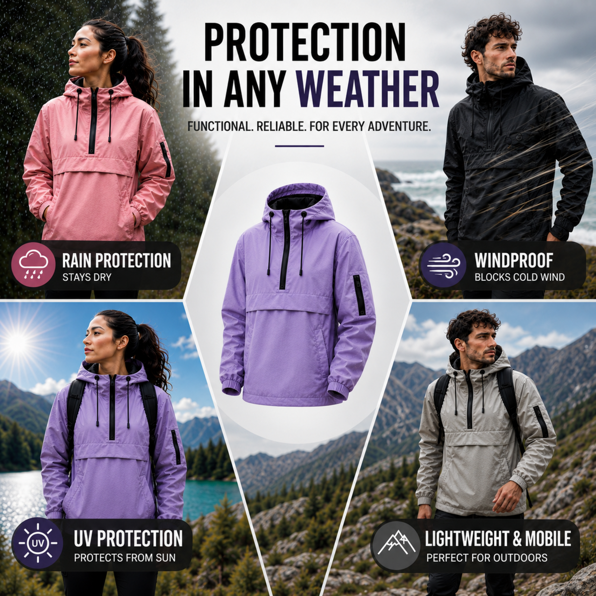 Weatherproof Half-Zip Windbreaker Jacket with Hood – Lightweight Water-Resistant Pullover for Men & Women | Thomler