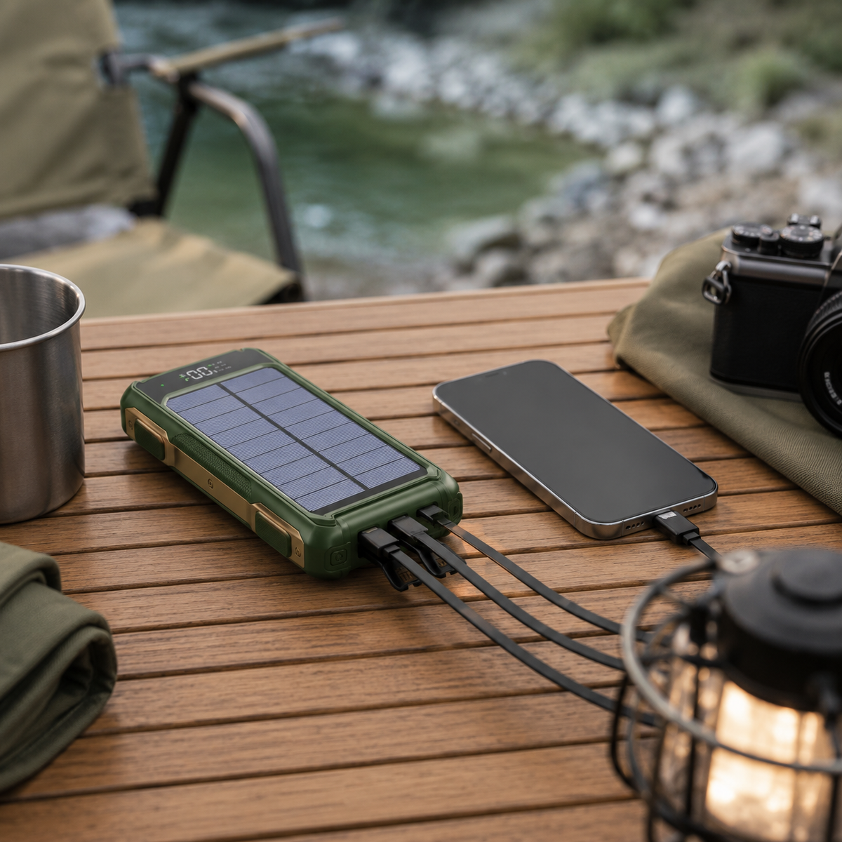Solar Power Bank 10000-20000 mAh with Built-In Cables & Wireless Charging for iPhone Android – Portable Battery Pack with LED Display & | Thomler
