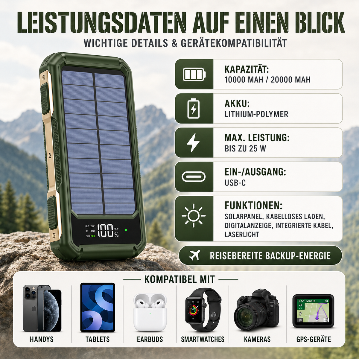 Solar Power Bank 10000-20000 mAh with Built-In Cables & Wireless Charging for iPhone Android – Portable Battery Pack with LED Display & | Thomler