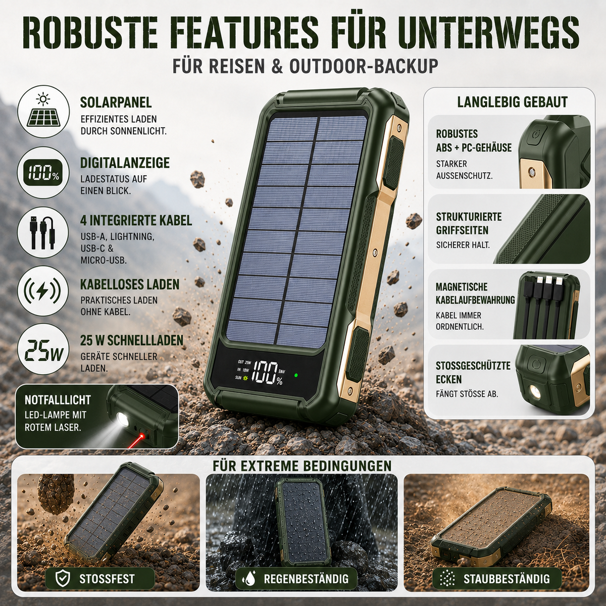 Solar Power Bank 10000-20000 mAh with Built-In Cables & Wireless Charging for iPhone Android – Portable Battery Pack with LED Display & | Thomler