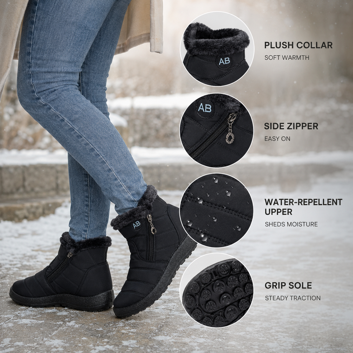 Women's Insulated Waterproof Ankle Boots with Side Zip & Anti-Slip Sole for Cold Weather Walking | Thomler