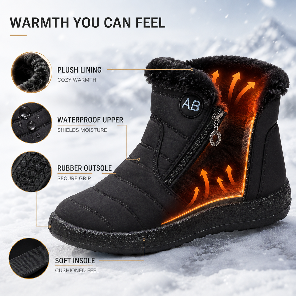 Women's Insulated Waterproof Ankle Boots with Side Zip & Anti-Slip Sole for Cold Weather Walking | Thomler
