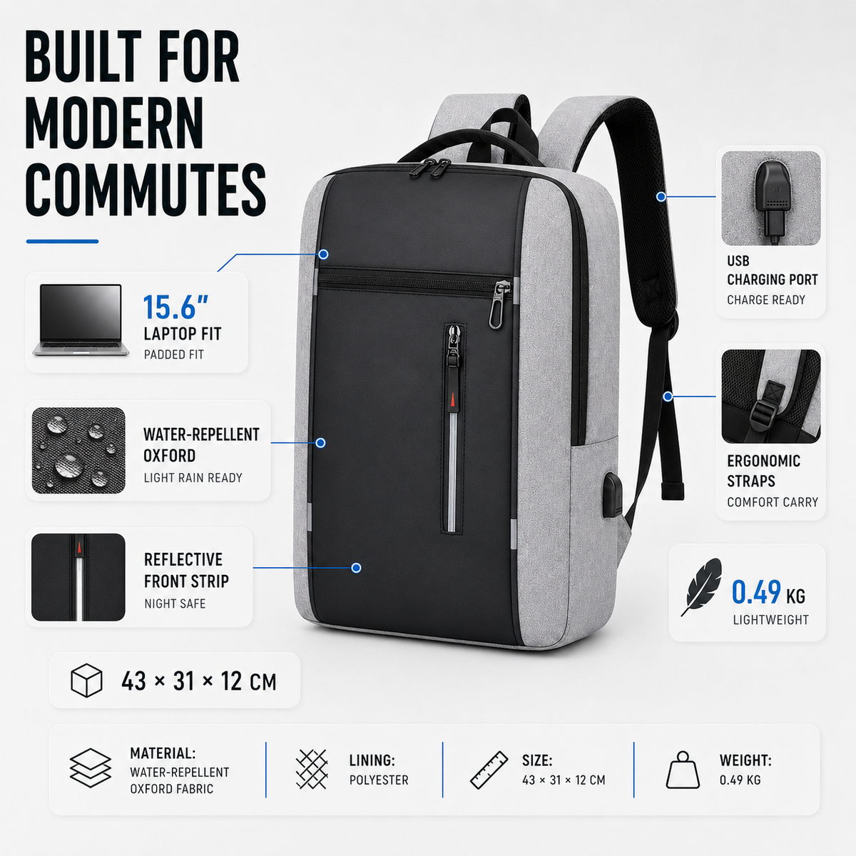 Waterproof Laptop Backpack with USB Charging Port – Padded Compartment for 15.6 Inch Notebook – Commuter Daypack for Work School Travel | Thomler