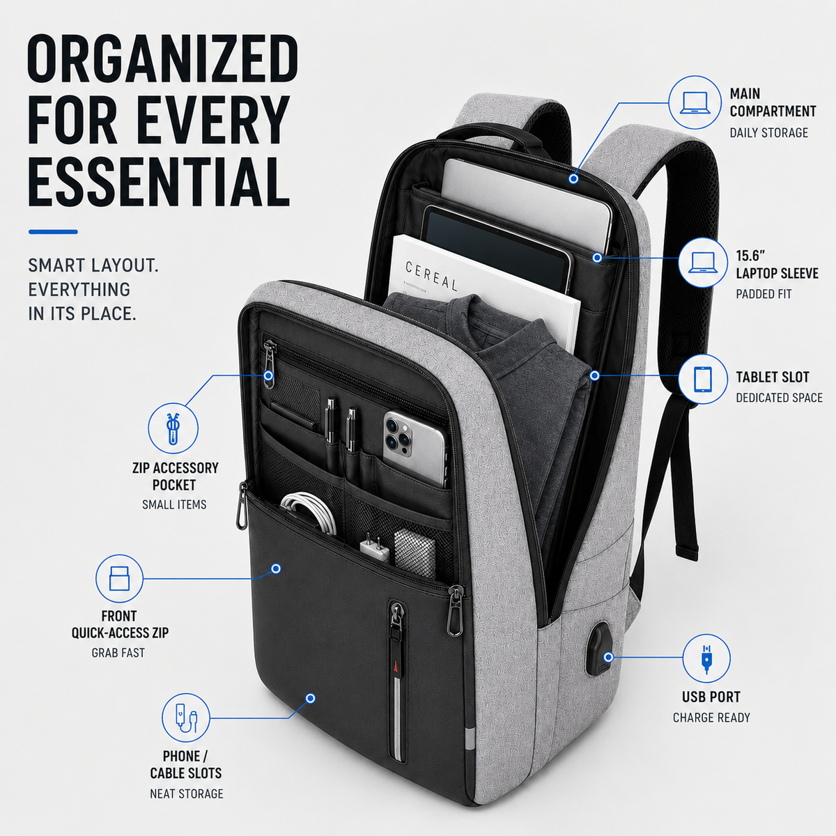 Waterproof Laptop Backpack with USB Charging Port – Padded Compartment for 15.6 Inch Notebook – Commuter Daypack for Work School Travel | Thomler