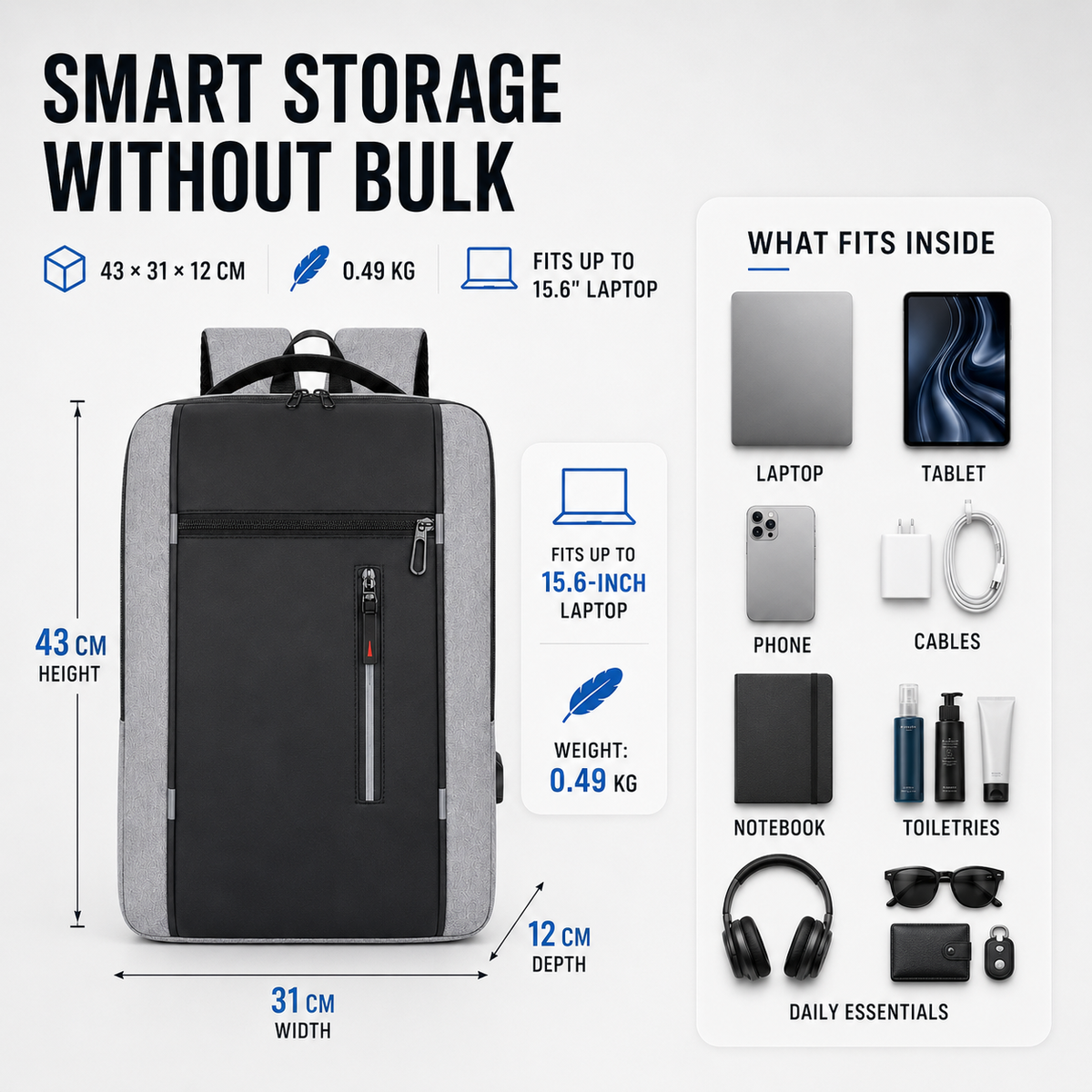Waterproof Laptop Backpack with USB Charging Port – Padded Compartment for 15.6 Inch Notebook – Commuter Daypack for Work School Travel | Thomler