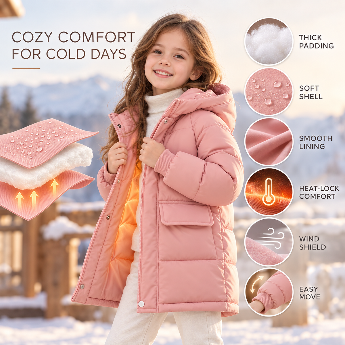 Insulated Longline Hooded Puffer Jacket for Kids – Full-Zip Heavyweight Winter Coat Ages 3-12 | Thomler
