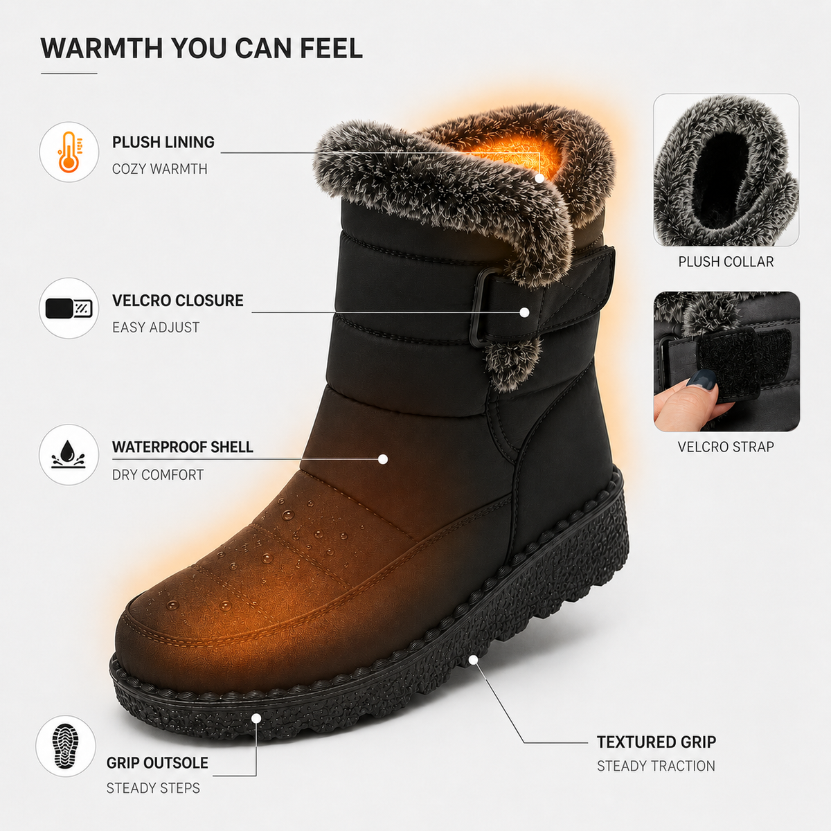Women's Waterproof Snow Boots with Plush Lining and Non-Slip Sole for Winter | Ankle-High Velcro Closure Insulated Footwear | Thomler