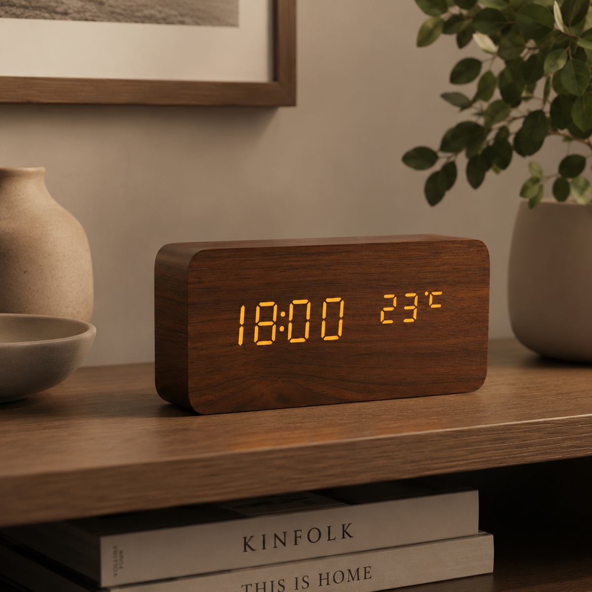 Digital Wood-Style Alarm Clock with LED Display, Temperature, Humidity & Voice Activation for Bedroom, Nightstand | Thomler