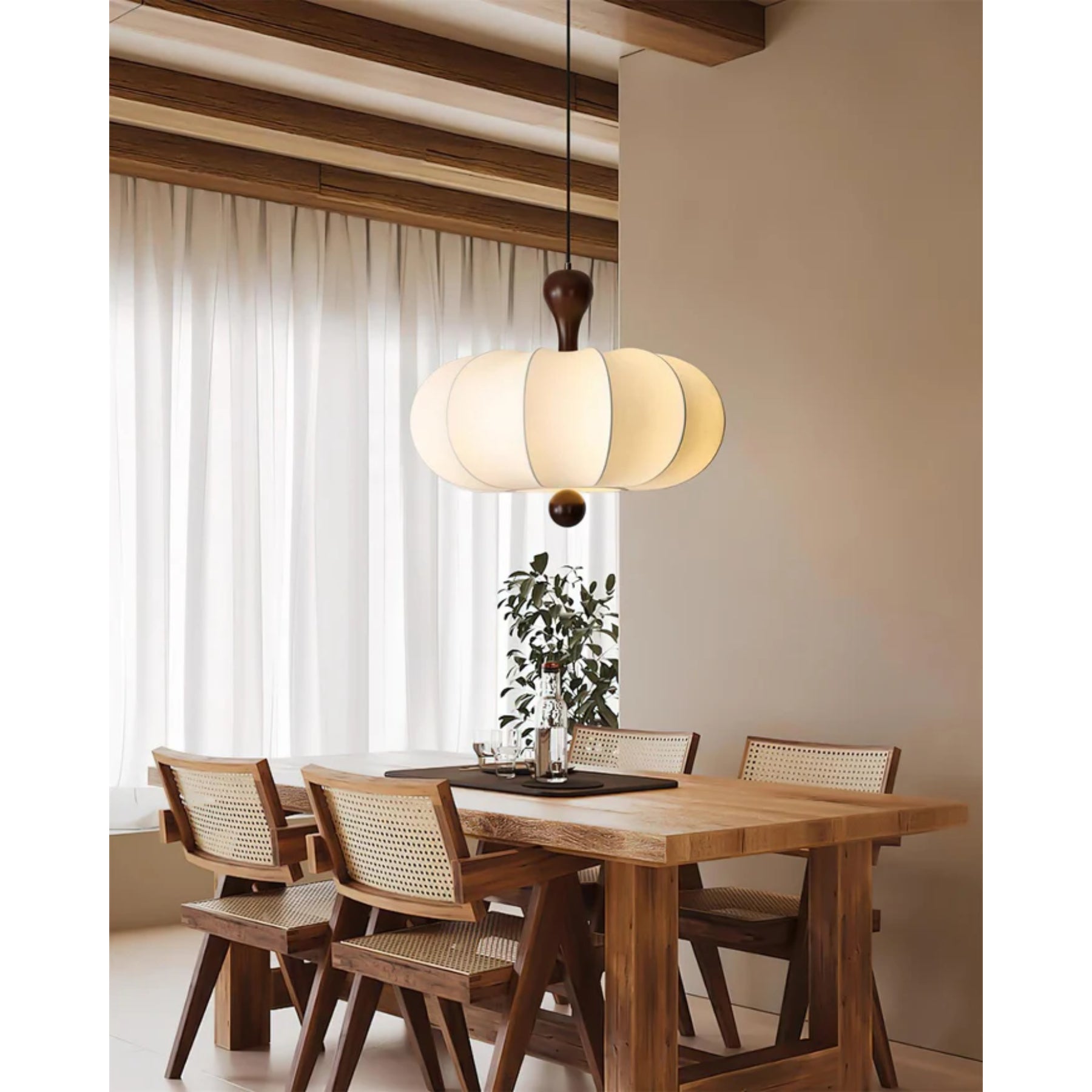 Pendant Light Fabric Walnut Wood White Dining Room Living Room Japandi Scandinavian Hanging Ceiling Lamp | Thomler