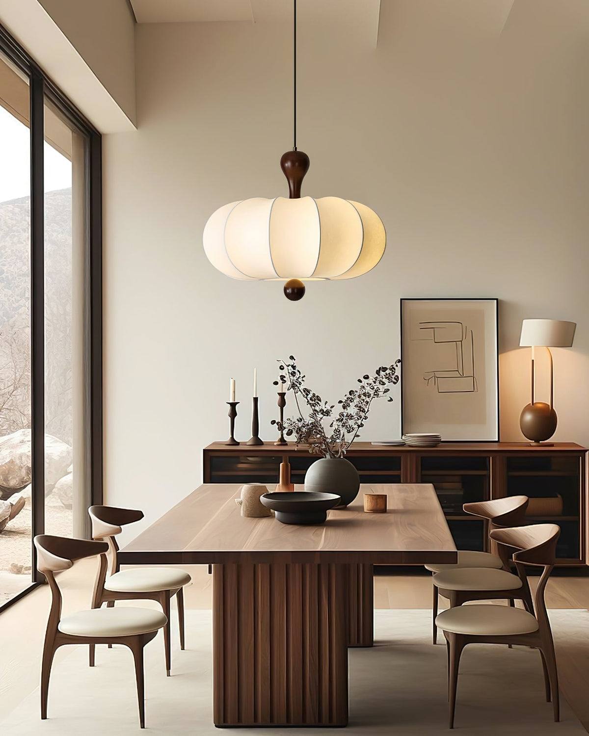 Sculptural White Pendant Light with Walnut Wood Dome and Fabric Shade for Dining Room | Thomler