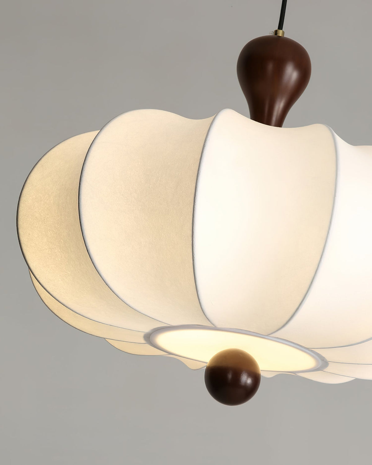 Sculptural White Pendant Light with Walnut Wood Dome and Fabric Shade for Dining Room | Thomler