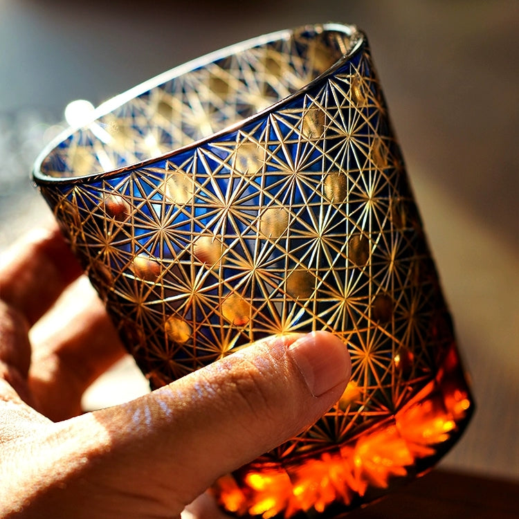 Cut Crystal Whisky Tumblers with Starburst Floral Design in Amber Glass for Bourbon, Scotch & Cocktails | Thomler