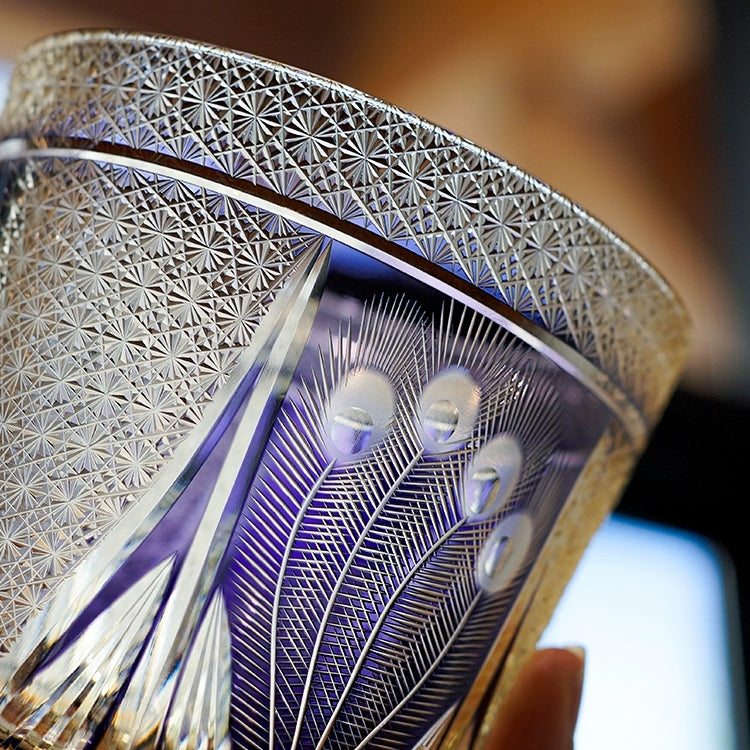 Japanese Cut Crystal Spirits Tumbler with Purple Peacock Motif & Gift Box for Whiskey Bourbon Scotch Cocktails Home Bar Drinkware Glassware | Thomler