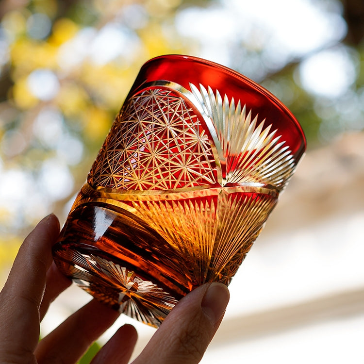 Whiskey Glass Crystal Amber Crane Feather Pattern Japanese Style Barware Gift Box | Thomler