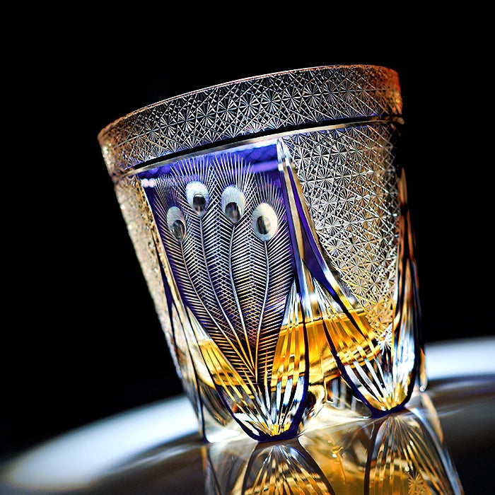 Japanese Cut Crystal Spirits Tumbler with Purple Peacock Motif & Gift Box for Whiskey Bourbon Scotch Cocktails Home Bar Drinkware Glassware | Thomler