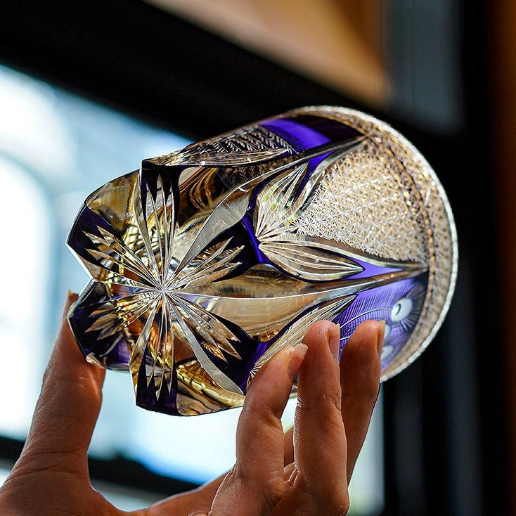 Japanese Cut Crystal Spirits Tumbler with Purple Peacock Motif & Gift Box for Whiskey Bourbon Scotch Cocktails Home Bar Drinkware Glassware | Thomler