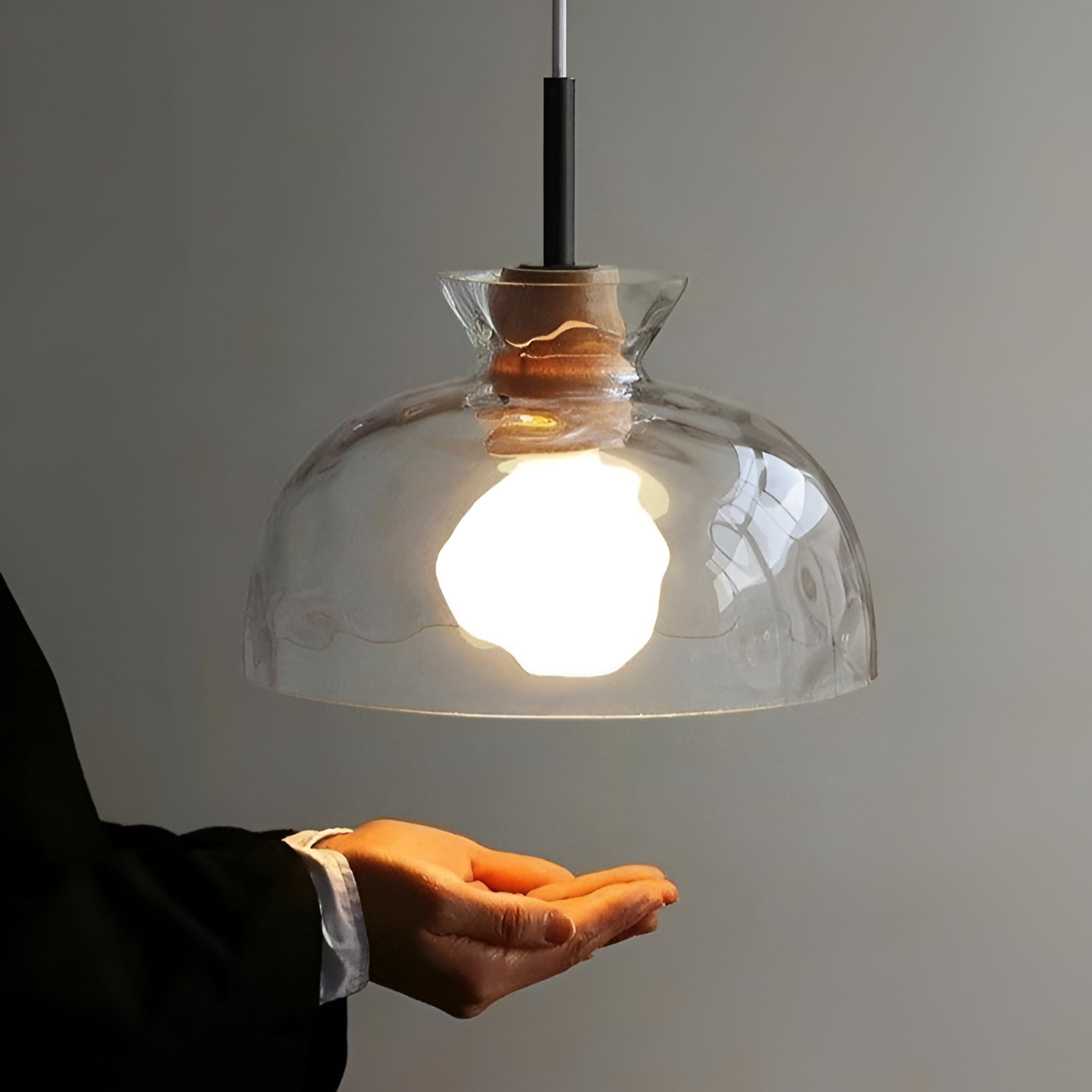 Pendant Light Glass Wood 10.6 in Adjustable Dining Room Kitchen Island Hanging Ceiling Lamp Scandinavian Minimalist Clear Shade | Thomler