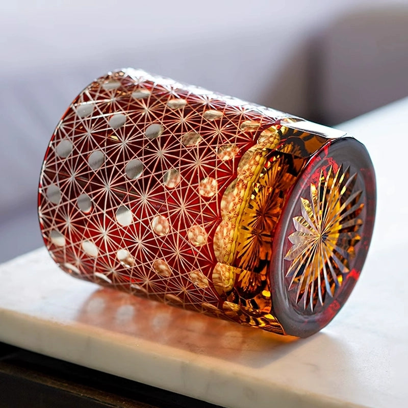 Cut Crystal Whisky Tumblers with Starburst Floral Design in Amber Glass for Bourbon, Scotch & Cocktails | Thomler
