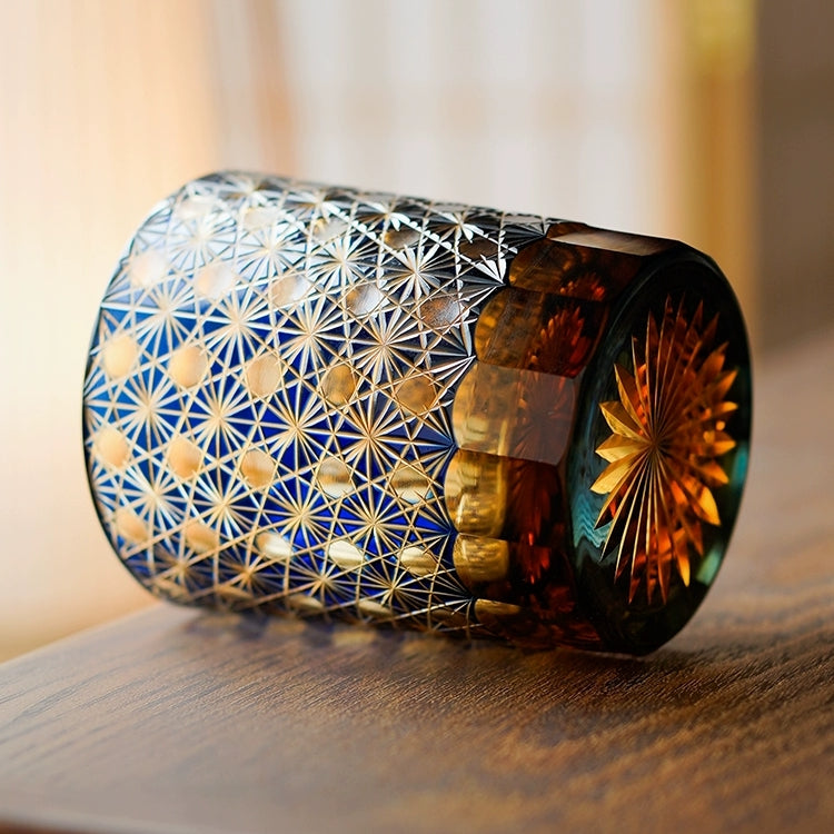 Cut Crystal Whisky Tumblers with Starburst Floral Design in Amber Glass for Bourbon, Scotch & Cocktails | Thomler