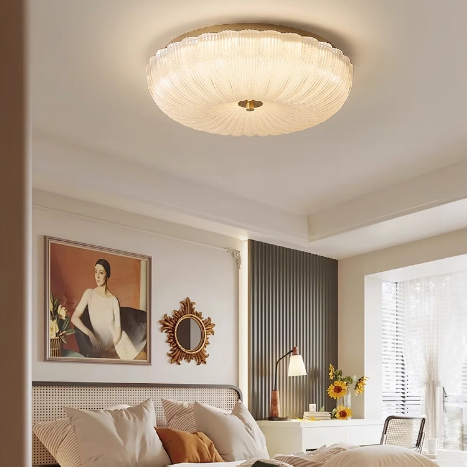 Flush Mount LED Ceiling Light with Textured Glass Shade for Dining Room & Bedroom – Round Halo Design, 8 to 20 Inch Diameter Options, Warm | Thomler