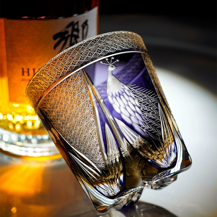 Japanese Cut Crystal Spirits Tumbler with Purple Peacock Motif & Gift Box for Whiskey Bourbon Scotch Cocktails Home Bar Drinkware Glassware | Thomler