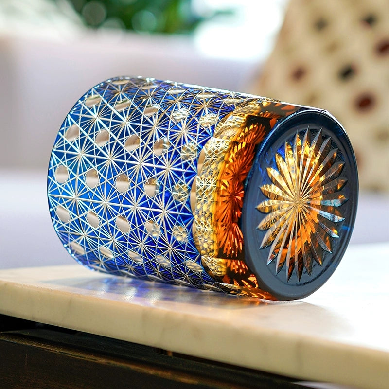 Cut Crystal Whisky Tumblers with Starburst Floral Design in Amber Glass for Bourbon, Scotch & Cocktails | Thomler