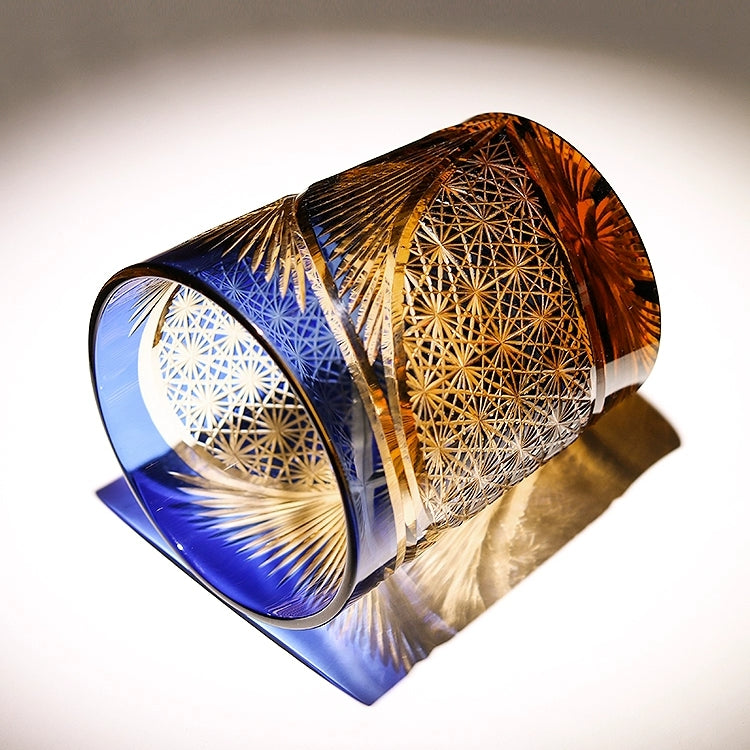 Whiskey Glass Crystal Amber Crane Feather Pattern Japanese Style Barware Gift Box | Thomler