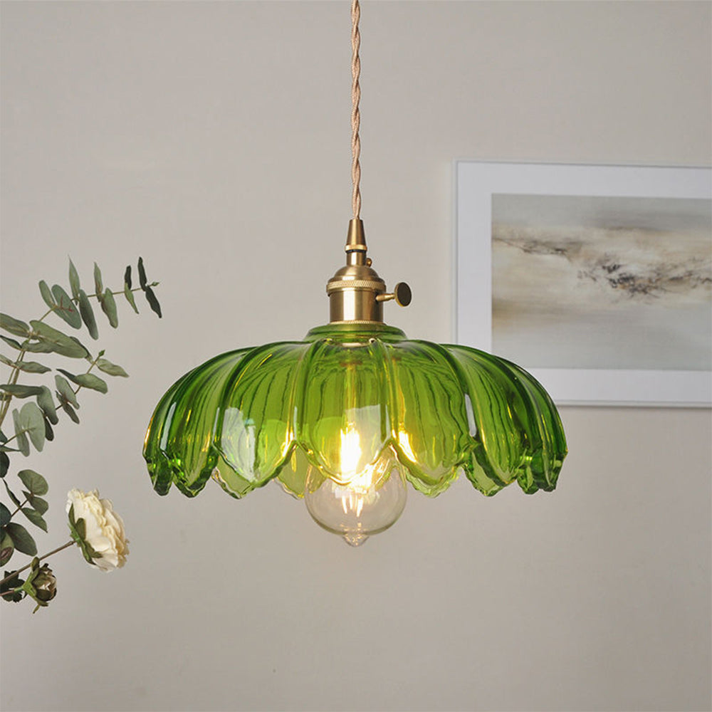 Pendant Light Glass Flower Shade 25.0 cm Green Dining Room Vintage Hanging Ceiling Lamp Adjustable Cord E27 Lighting | Thomler