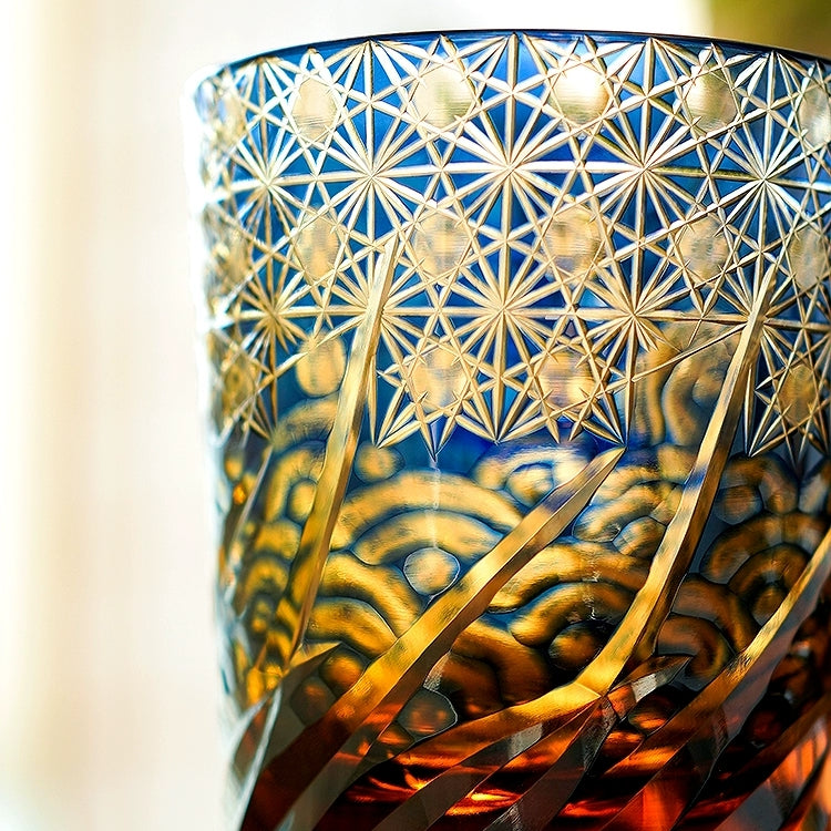 Whiskey Glass Handmade Cut Glass Blue Amber Japanese Whisky Tumbler Gift Collectible Barware Wooden Box | Thomler