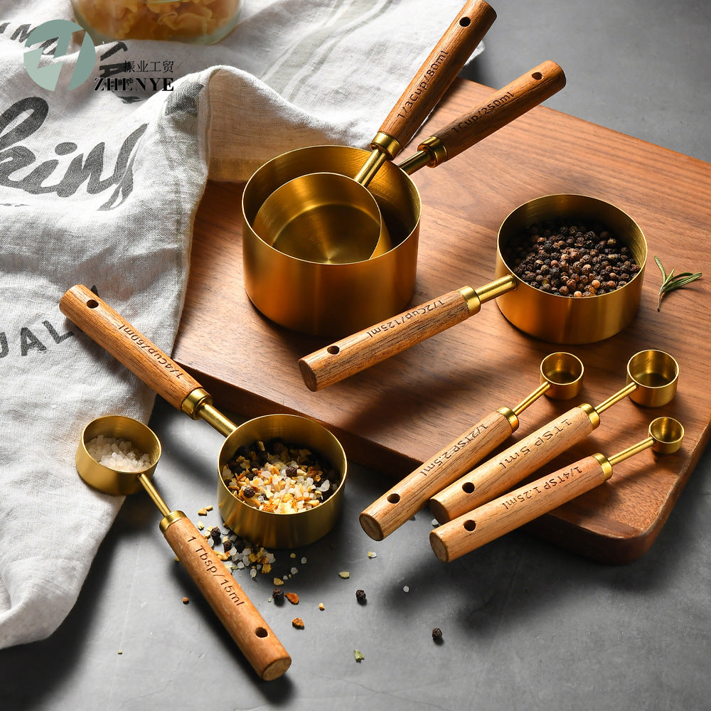 Measuring Cups And Spoons Stainless Steel Oak Wood 240 ml Baking Cooking Kitchen Portion Set | Thomler