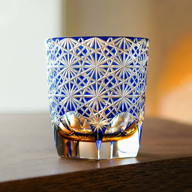 Whiskey Glass Handmade Cut Glass Blue Amber Japanese Whisky Tumbler Gift Collectible Barware Wooden Box | Thomler