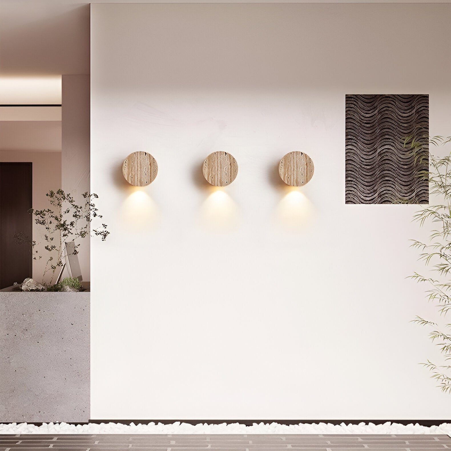 Wall Lamp Travertine Stone 3.9 in Round Frosted Glass Bedroom Hallway Ambient Up Down Light Minimalist Japandi Fixture | Thomler