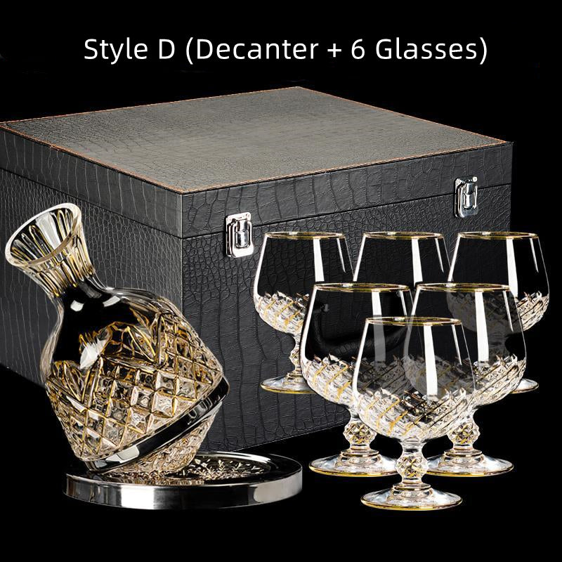 Embossed Gold Accent Wine Glass & Decanter Set with Carrying Case for Elegant Entertaining | Thomler