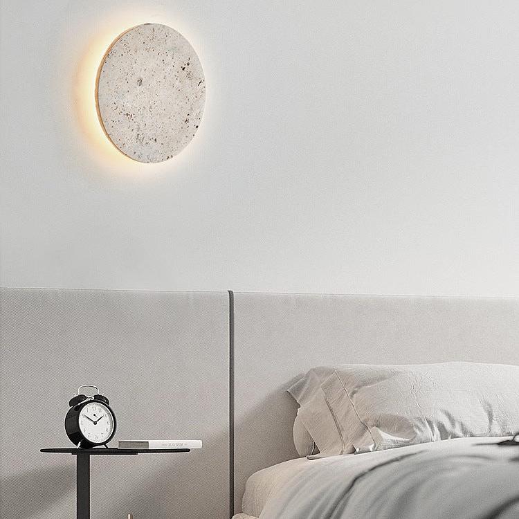 Wall Lamp Travertine Stone 11.8 in Round Warm LED Bedroom Hallway Ambient Lighting Minimalist Natural Stone Sconce | Thomler
