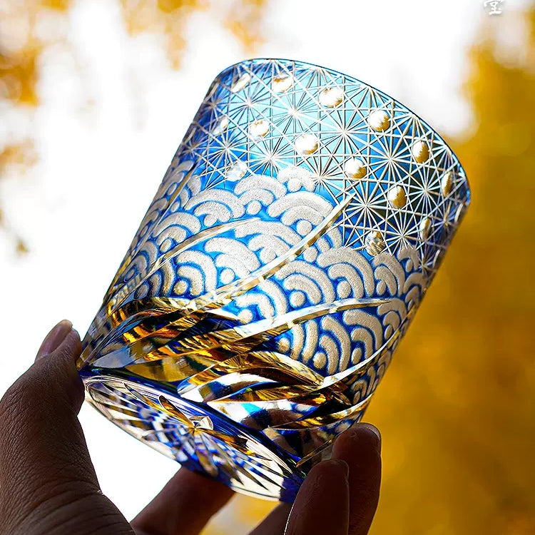 Whiskey Glass Handmade Cut Glass Blue Amber Japanese Whisky Tumbler Gift Collectible Barware Wooden Box | Thomler