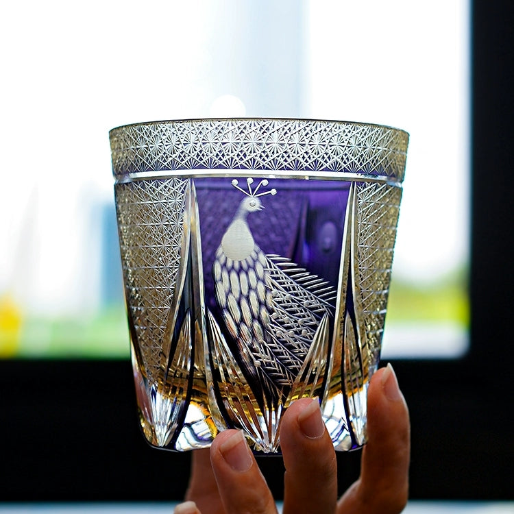 Japanese Cut Crystal Spirits Tumbler with Purple Peacock Motif & Gift Box for Whiskey Bourbon Scotch Cocktails Home Bar Drinkware Glassware | Thomler