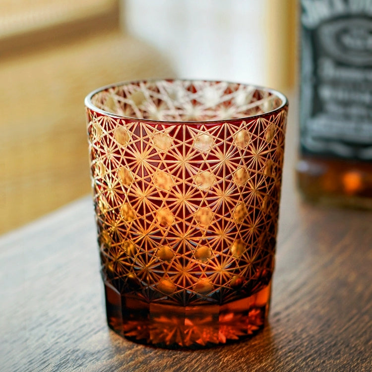Cut Crystal Whisky Tumblers with Starburst Floral Design in Amber Glass for Bourbon, Scotch & Cocktails | Thomler